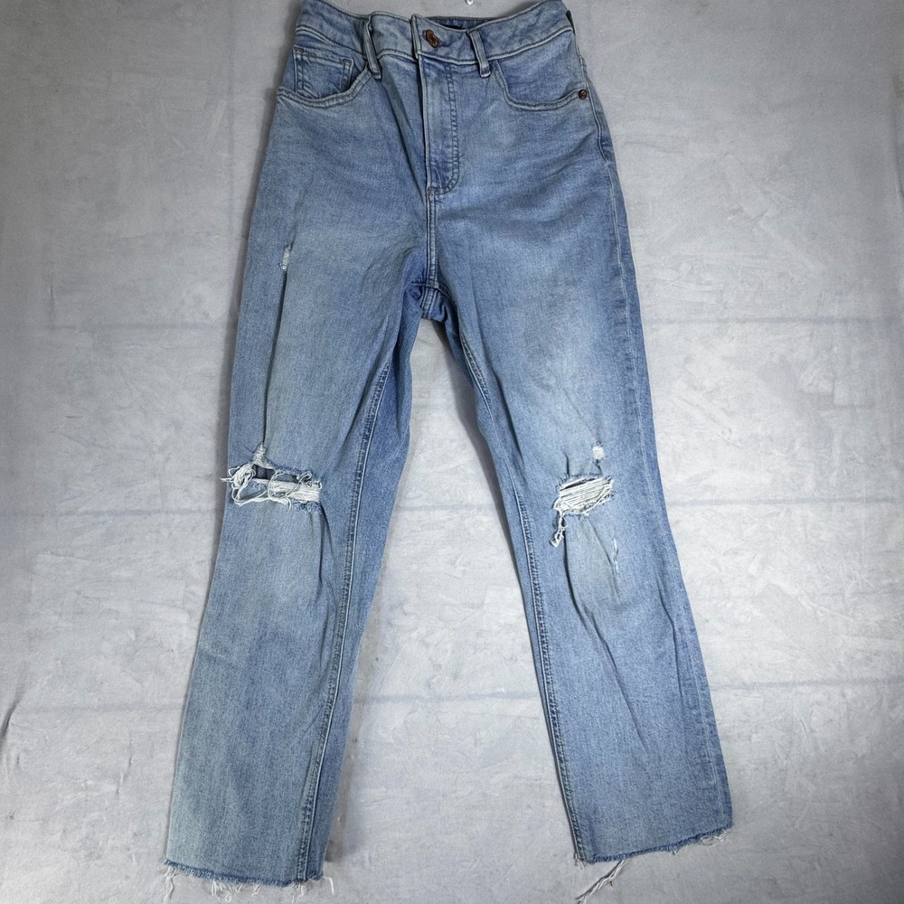 Express Womens Curvy Mom Jeans Blue Denim Super High Rise Distressed Raw‎ Hem 2